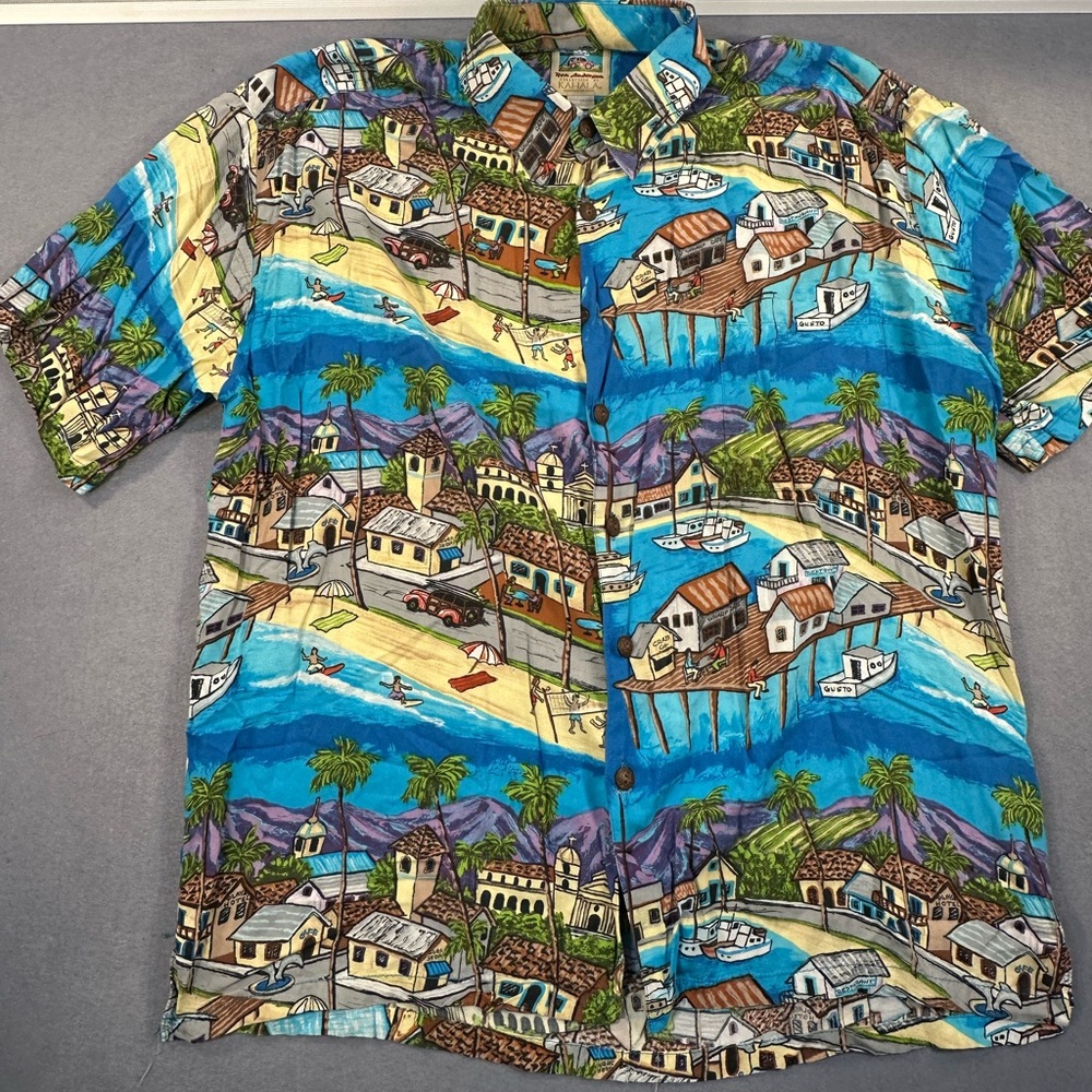 Vintage Kahala Ron Anderson Men's XL Seaside Print Rayon Button Hawaiian Shirt